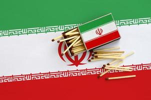 Iran flag  is shown on an open matchbox, from which several matches fall and lies on a large flag photo