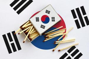 South Korea flag  is shown on an open matchbox, from which several matches fall and lies on a large flag photo