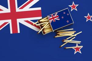 New Zealand flag  is shown on an open matchbox, from which several matches fall and lies on a large flag photo