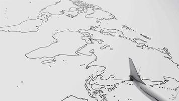 Seamless looping plane flies above white paper map of the world travel background. Travel and wanderlust concept. 3D illustration rendering video