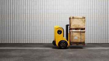 Seamless looping driverless car forklift robot lifting and moving pallets cardboard box to storage room. Business industrial and production concept video