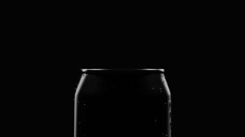 Close up dolly zoom in top of Cola or Beer can container in the dark with studio lighting and condensate water droplet on aluminum surface. Food drink and beverage concept video