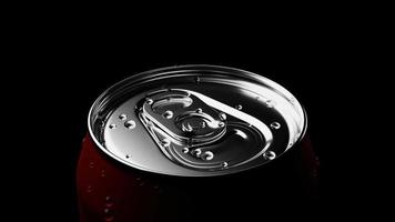 Seamless looping close up rotation focus on top of red cola can container in the dark with studio lighting and condensate water droplet on aluminum surface. Food drink and beverage concept video