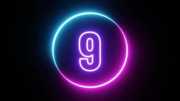 digitaler countdown-timer nummer zehn bis null sekunde mit kreisförmigen zwei tönen neonfarbenlicht auf schwarzem hintergrund. cyberpunk blaue und rosa farbe auf dunklem fluoreszierendem licht. video