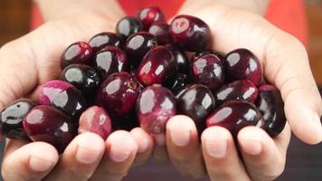 Hands holding wet shiny red grapes video