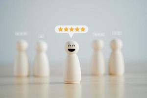 Feedback rating and service review. Customer experience, Mental health assessment, World mental health day,Think positive, Emotion, Satisfaction. Figure with happy face and 5 star on speech bubble. photo