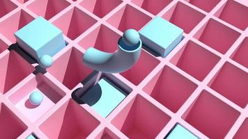 Throwing blue balls that fall into holes hitting cubes obstacles. Simple video game concept. Abstract pastel background, 3D model. Digital art. 4k seamless loop render animation