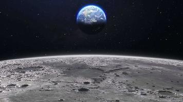 Cinematic planet earth view from the moon surface. Starry space in the background. Travel across the lunar soil with craters. video