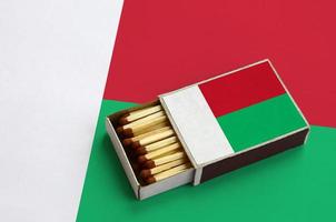 Madagascar flag  is shown in an open matchbox, which is filled with matches and lies on a large flag photo