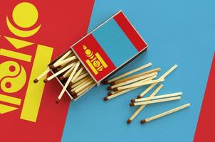 Mongolia flag  is shown on an open matchbox, from which several matches fall and lies on a large flag photo