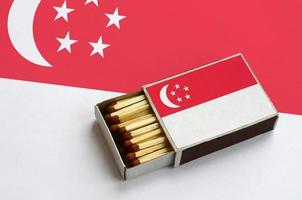 Singapore flag  is shown in an open matchbox, which is filled with matches and lies on a large flag photo