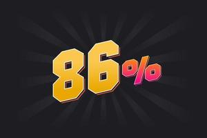86 banner de descuento con fondo oscuro y texto amarillo. 86 por ciento de diseño promocional de ventas. vector