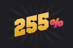 255 banner de descuento con fondo oscuro y texto amarillo. 255 por ciento de diseño promocional de ventas. vector