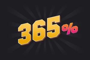 Banner de descuento 365 con fondo oscuro y texto amarillo. 365 por ciento de diseño promocional de ventas. vector