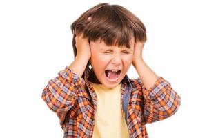 Furious little boy. Frustrated little Boy shouting and holding head in hands while standing isolated on white photo