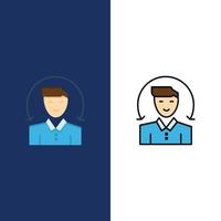 iconos de servicios de cliente masculino de usuario plano y conjunto de iconos llenos de línea vector fondo azul