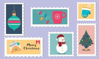 Christmas stamp collection. Toy, snowman, Christmas tree.