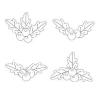 Set of Christmas decoration, red berries with leaves, outline  line style. Vector illustration