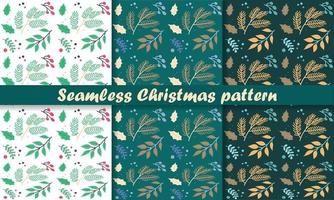 Seamless Christmas pattern of leaves, rowan tree, Christmas tree branch. vector