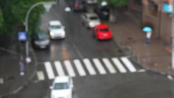 lluvia cayendo sobre el fondo borroso de las calles de la ciudad video