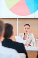 Confident business trainer. Confident mature man in formalwear sitting at the table with large monitor upon his head and with people on foreground photo