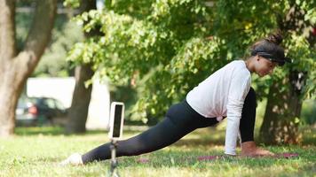 Frau unterrichtet Yoga im Outdoor-Kurs video