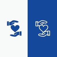 corazón dar mano línea de amor favorita y glifo icono sólido bandera azul vector