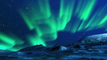 hermosa animación de la aurora boreal. luces verdes aurora boreal en noruega, canadá, finlandia, islandia y suecia. clima polar y cielo estrellado azul en una noche fría. Fantástico fondo de movimiento en 4k. video