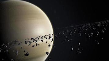 Cinematic Shot of Saturn and asteroids or rocks ring orbiting. Huge planet on dark and starry space. Concept of Universe ,galaxy ,astronomy, exploration of the solar system. video