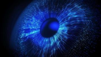 abstract blauw licht explosie dat breidt uit in ruimte vormen een menselijk oog. concept van technologisch visie of kunstmatig intelligentie- controle. digitaal futuristische iris achtergrond.god's moment van creatie video