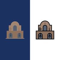 edificio navidad iglesia pascua iconos plano y línea llena conjunto de iconos vector fondo azul