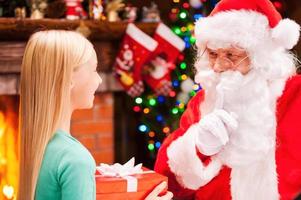You did not see me. Happy little girl holding gift box and looking at real Santa Claus gesturing silence sign with Christmas Tree and fireplace in the background photo