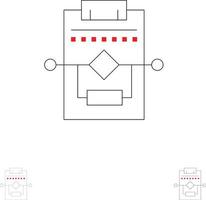 configuración de proceso de red de flujo de trabajo conjunto de iconos de línea negra en negrita y delgada vector