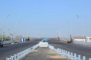 New traffic intersection road construction site. Development of transport infrastructure junction, improvement highway. Overpopulation problem. Erection overpass of northeast chord in Moscow, Russia photo