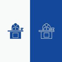 Desk Business Computer Laptop Person Personal User Line and Glyph Solid icon Blue banner Line and Gl vector