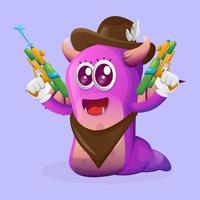 Cute purple monster playing with water gun toy vector