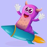 lindo monstruo púrpura volando en cohete vector