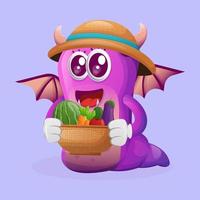 Cute purple monster carries variety of fresh vegetables and fruits vector