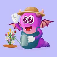 Cute purple monster gardening taking care of plants vector