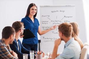 Feeling confident in her speech. Group of business people in smart casual wear sitting together at the table while beautiful woman standing near whiteboard and pointing it with smile photo
