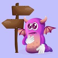 Cute purple monster making decision vector