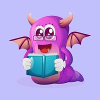 Cute purple monster reading a book vector