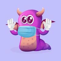 Cute purple monster wearing medical mask, protect from covid-19 vector