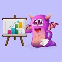 Cute purple monster gives report presentation, shows column graphics vector