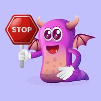 Cute purple monster holding stop sign, street sign, road sign vector