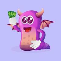 Cute purple monster holding money vector