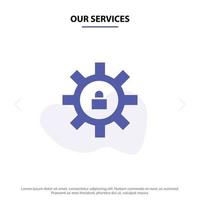 Our Services Gear Setting Lock Support Solid Glyph Icon Web card Template vector