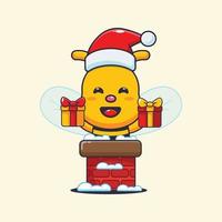 Cute bee with santa hat in the chimney. Cute christmas cartoon illustration. vector