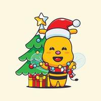 Cute bee with christmast lamp. Cute christmas cartoon illustration. vector