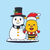 linda abeja jugando con muñeco de nieve. linda ilustración de dibujos animados de navidad. vector